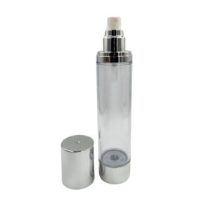 120ml Airless Spray Bottle – HDPE Plastic – White Atomisor Closure – Metallic Cap, Collar & Base – Clear Container - Airless packaging
