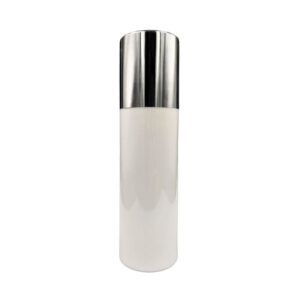 250ml Airless Bottle. – PET Plastic – Solid White – White Pump Closure – Silver Cap – Metallic Silver Collar - Airless packaging