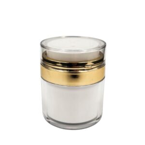 50ml Airless Jar – Pump Cap Closure – HDPE Plastic – Double Walled – Metallic Collar – Solid White - Airless packaging
